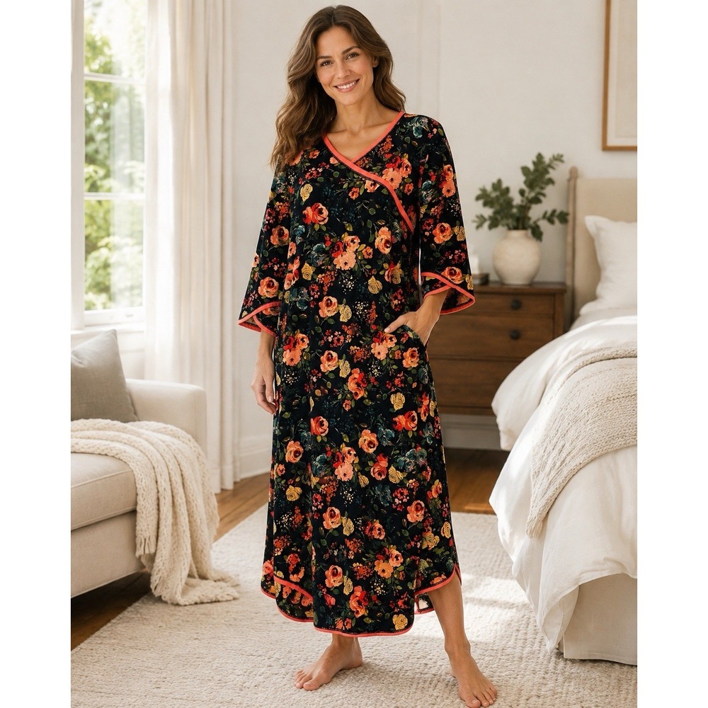 Garnet Hill Womens Asian Wrap Organic Cotton Midi Gown L Navy Floral 3/4 Sleeve